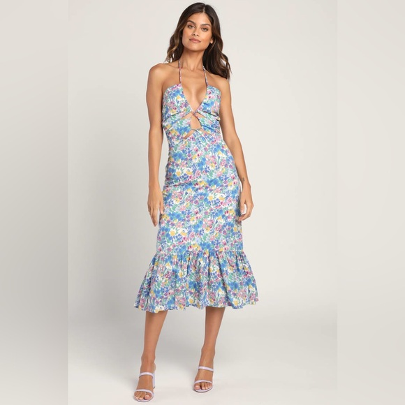 Lulus Dresses & Skirts - Lulus Stun the Scene Blue Multi Floral Drawstring Halter Midi Dress size XL